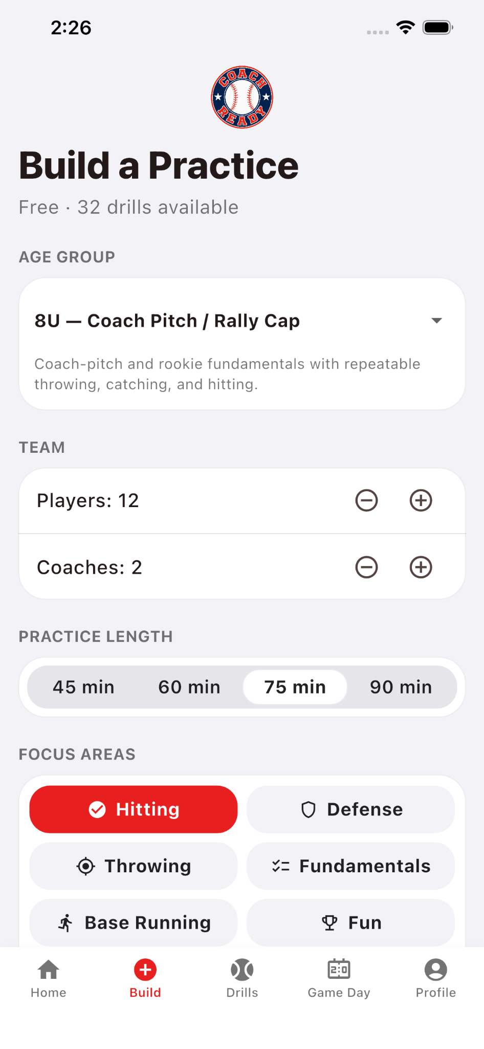 Coach Ready Build a Practice screen showing age group, team size, practice length, and focus areas